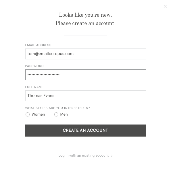 Image of the sign-up form used on the Everlane website as part of their email marketing stratetgy