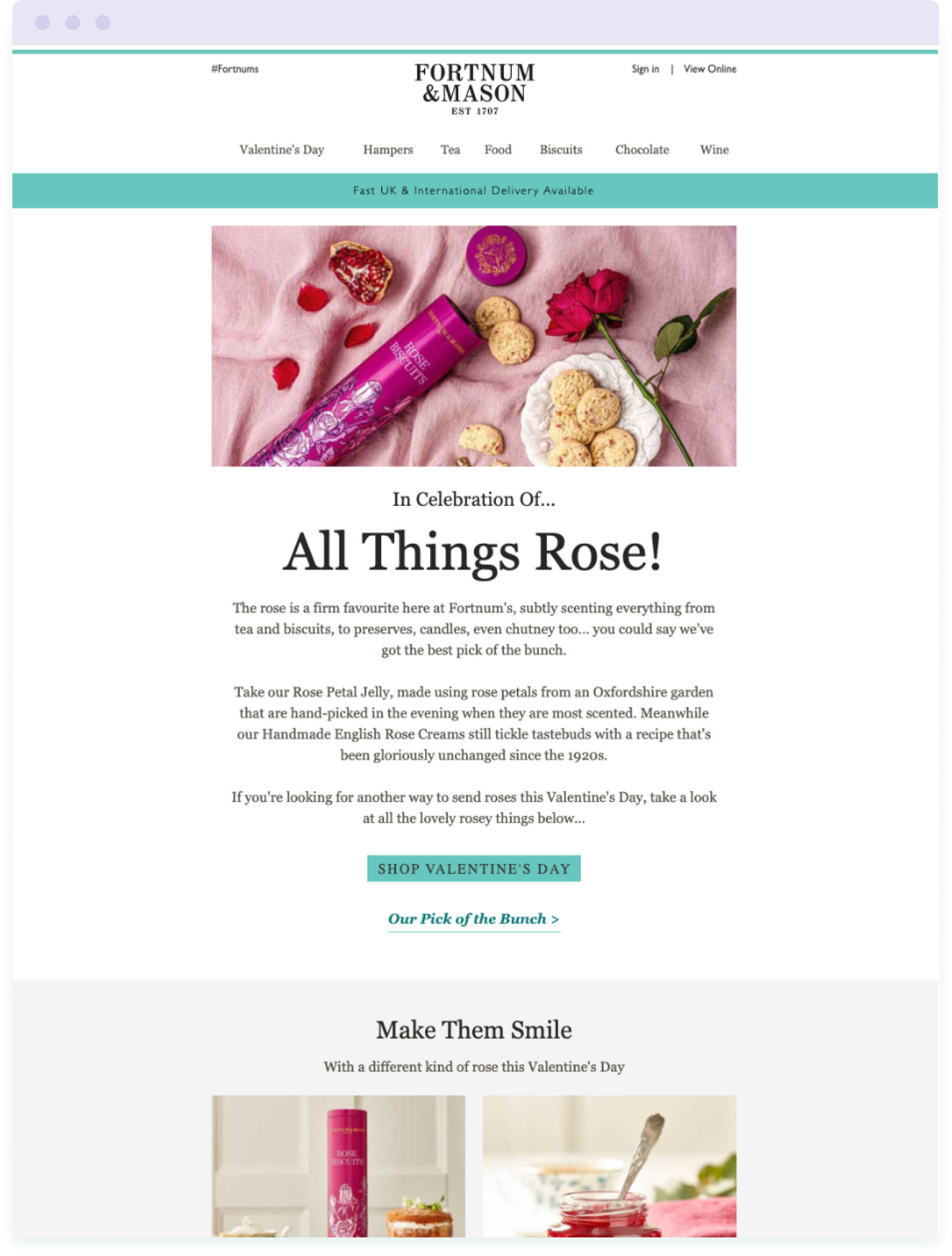 Valentine's day email from department store Fortnum and Mason