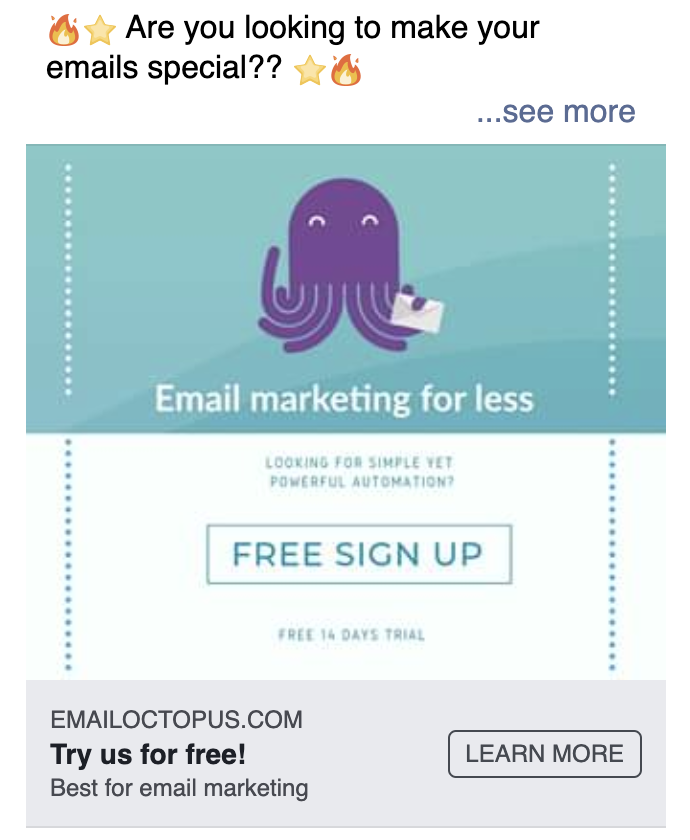 Picture of an EmailOctopus Facebook ad