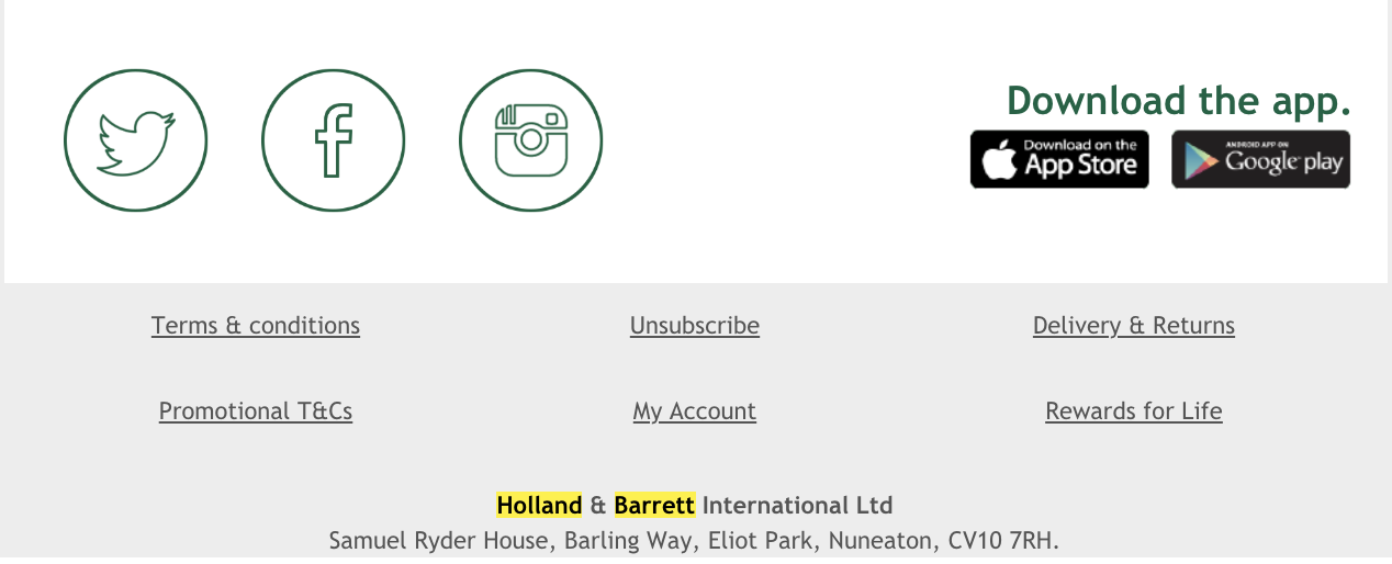 Example of a footer used in a marketing email from Holland and Barrett