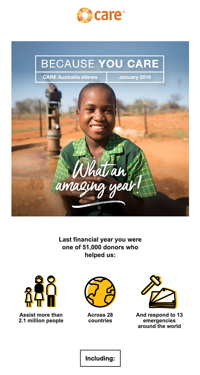 Example of a strong hero image used in an email design by Australian charity CARE