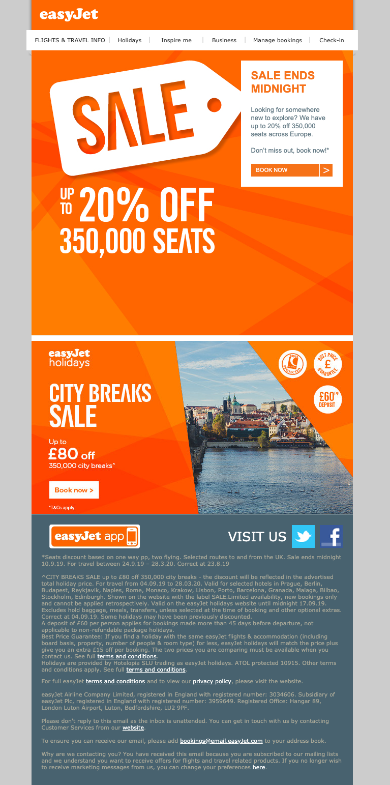 Example of an email from EasyJet using strong brand colours