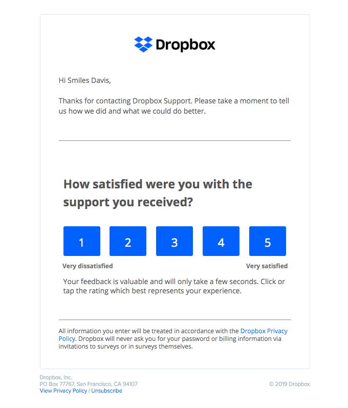 An email by Dropbox with an integrated survey to demonstrate reciprocity in marketing psychology.