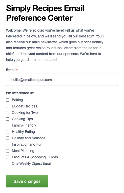 Simply Recipes email preference centre