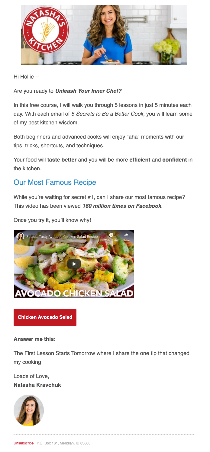 Welcome email from food blogger Natasha's Kitchen