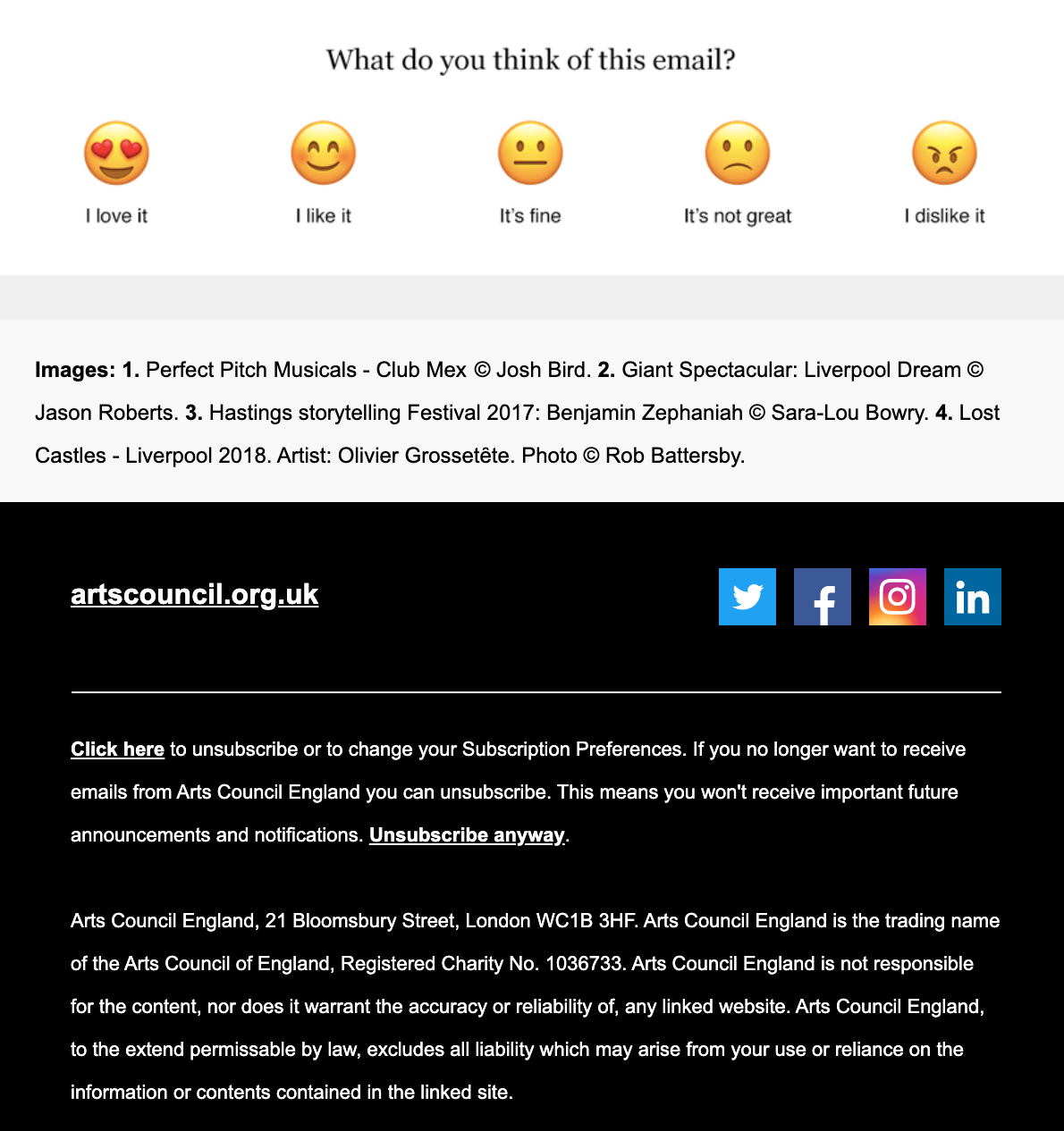 The final part of ACE's welcome email  features an embedded survey asking readers to rate the email. It also includes links to their social media platforms. 