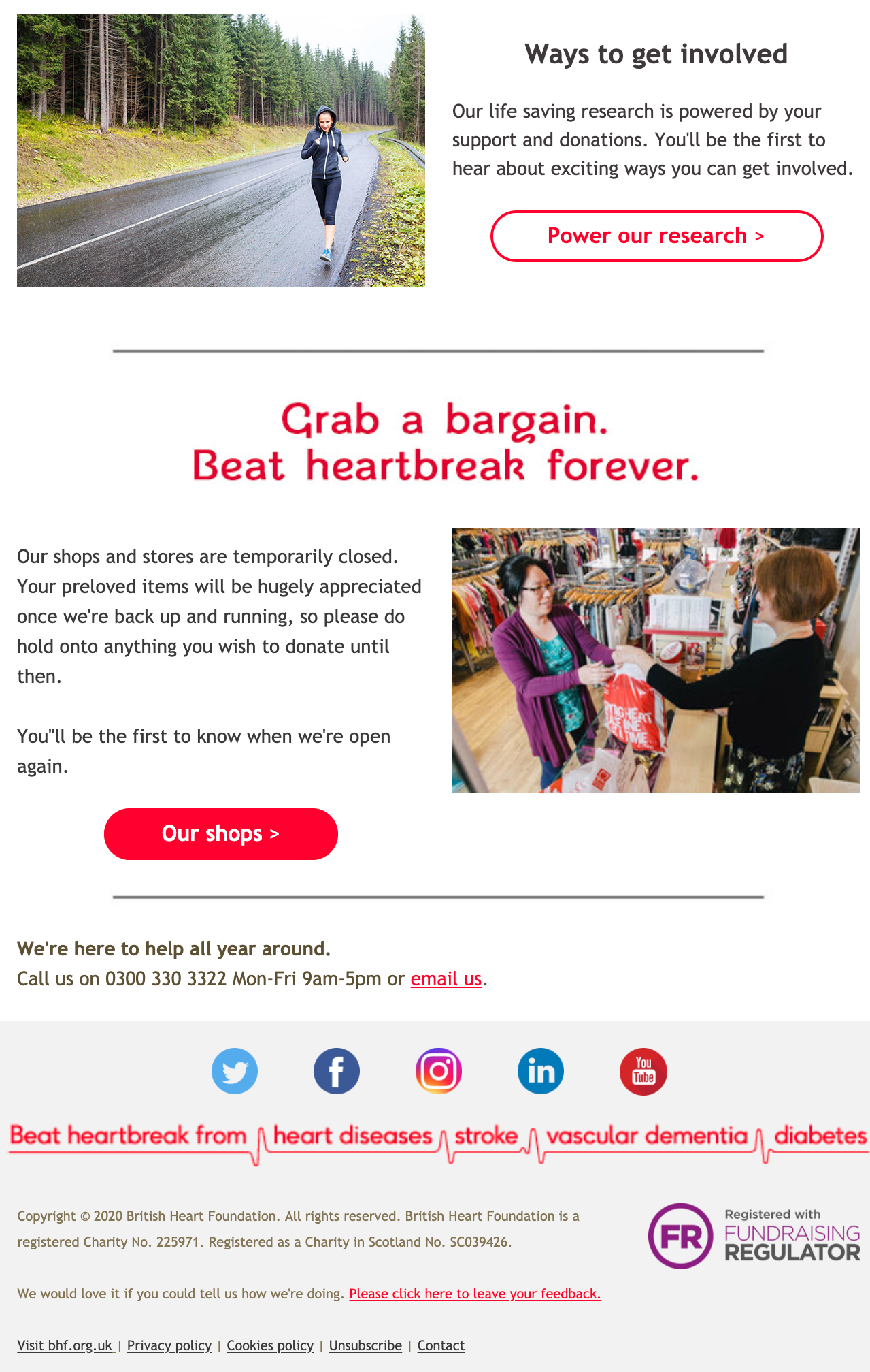 Image of the second half of the BHF's welcome email. This part provides more information on the organisation's donation stores and provides links to their social media platforms.