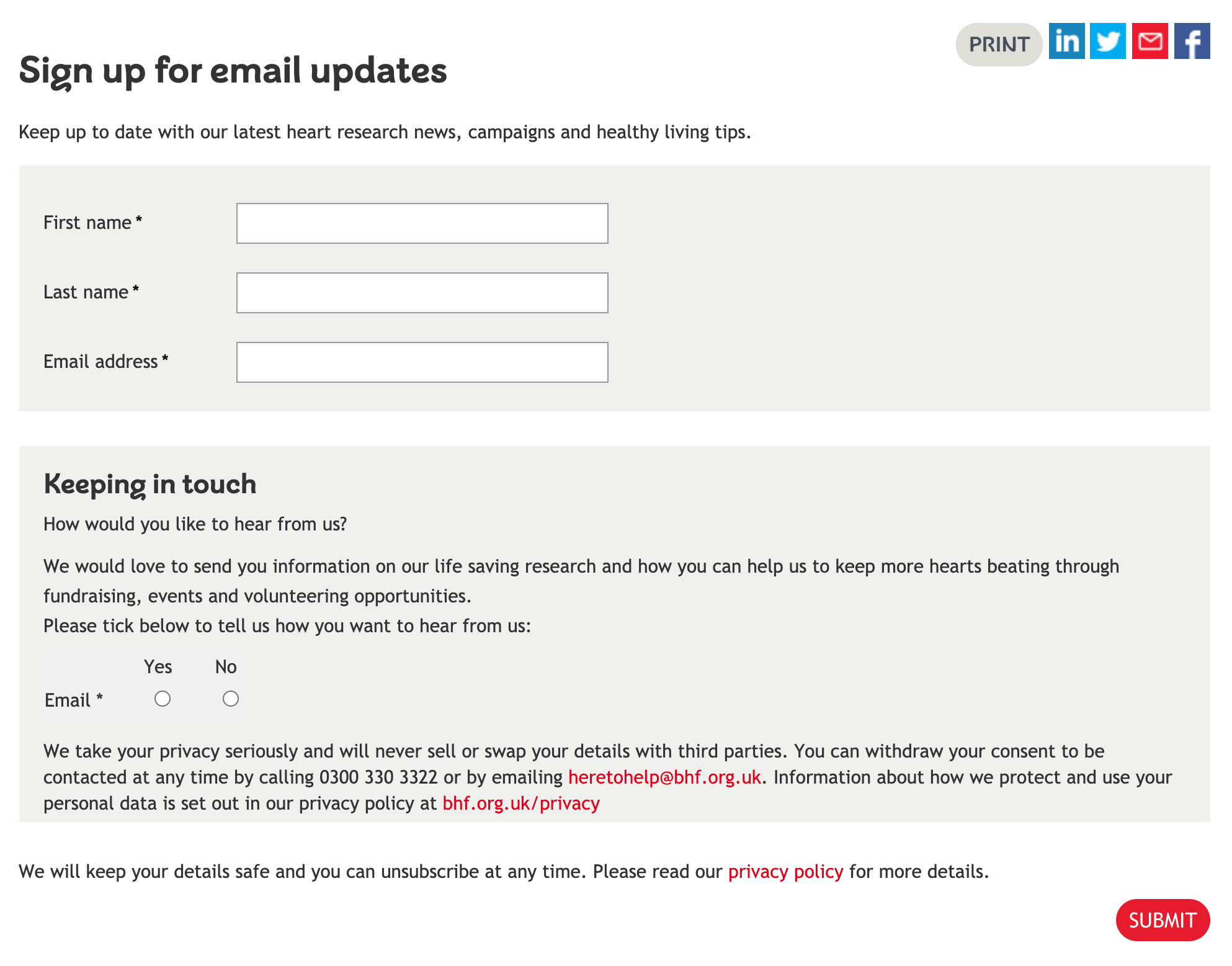 Image of British Heart Foundation's sign-up form for email updates. It also shows the BHF's double opt-in process.  