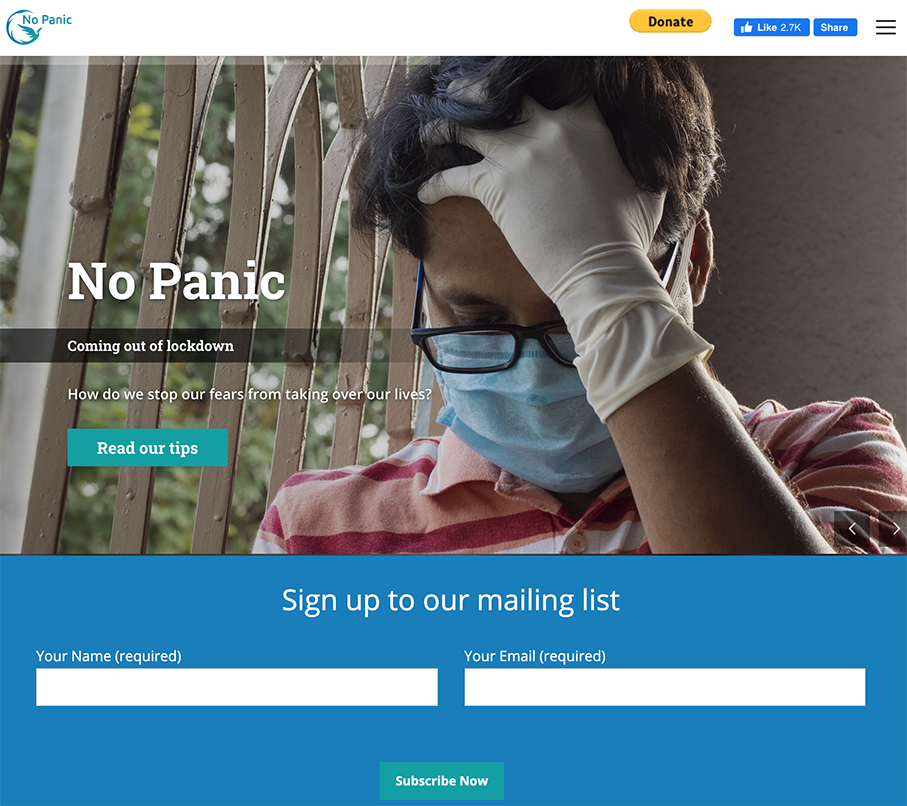Image of No Panic's mailing list sign-up form displayed on their website homepage. It only requires visitors to provide their name and email. 