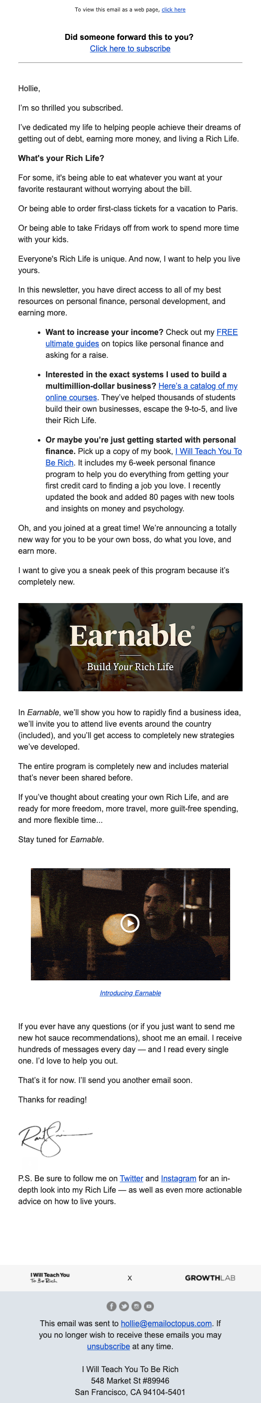 The welcome email sent by finance blogger Ramit Sethi and his website I Will Teach You To Be Rich