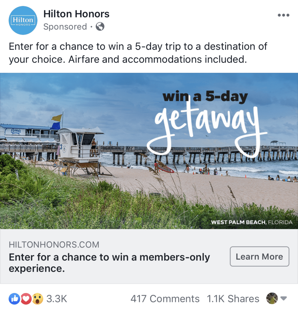 Image of a competition ran by Hilton Honors on social media.