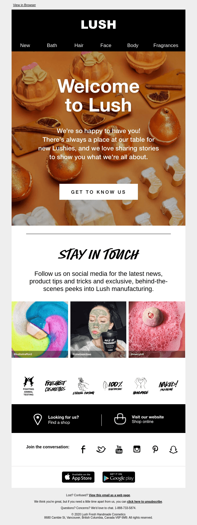 Example of a welcome email from Lush demonstrating how to use clear calls to action