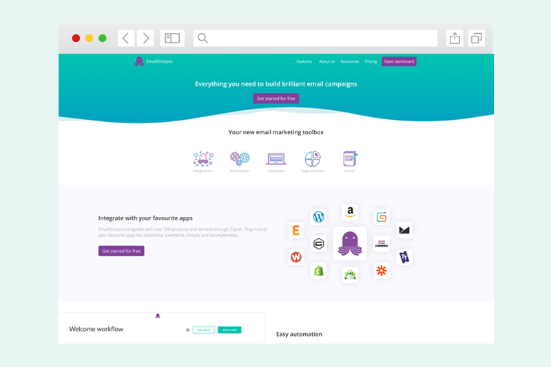 The EmailOctopus website and list of features – this is the platform you can use to create your first email newsletter