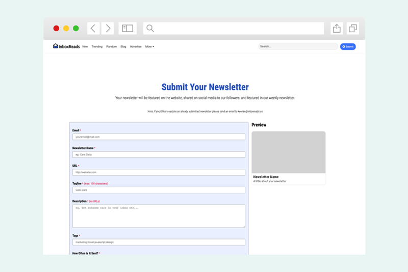 Screenshot of the newsletter submission page on InboxReads