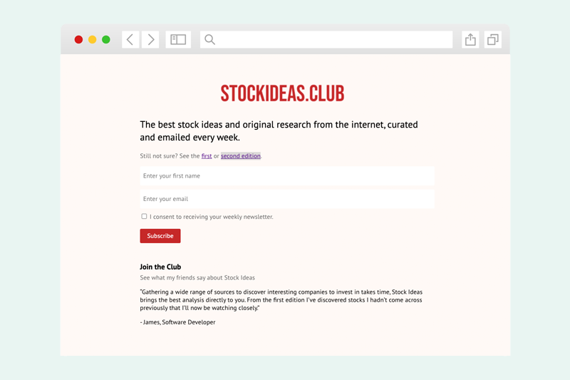The sign up landing page for Stockideas.club