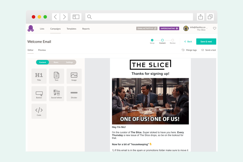 Screenshot of The Slice welcome email in the EmailOctopus dashboard