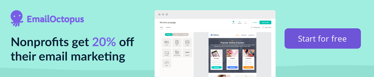 EmailOctopus promotional banner – start for free – nonprofits enjoy 20% off