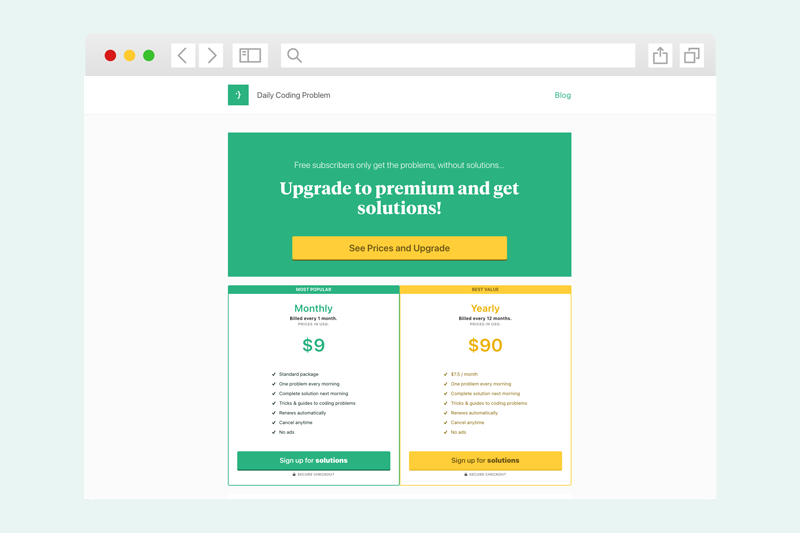 An example of a subscription newsletter pricing page from Daily Coding Problem