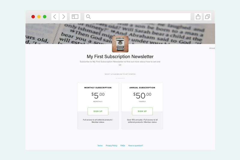 Example of a subscription newsletter checkout page built with Payhip