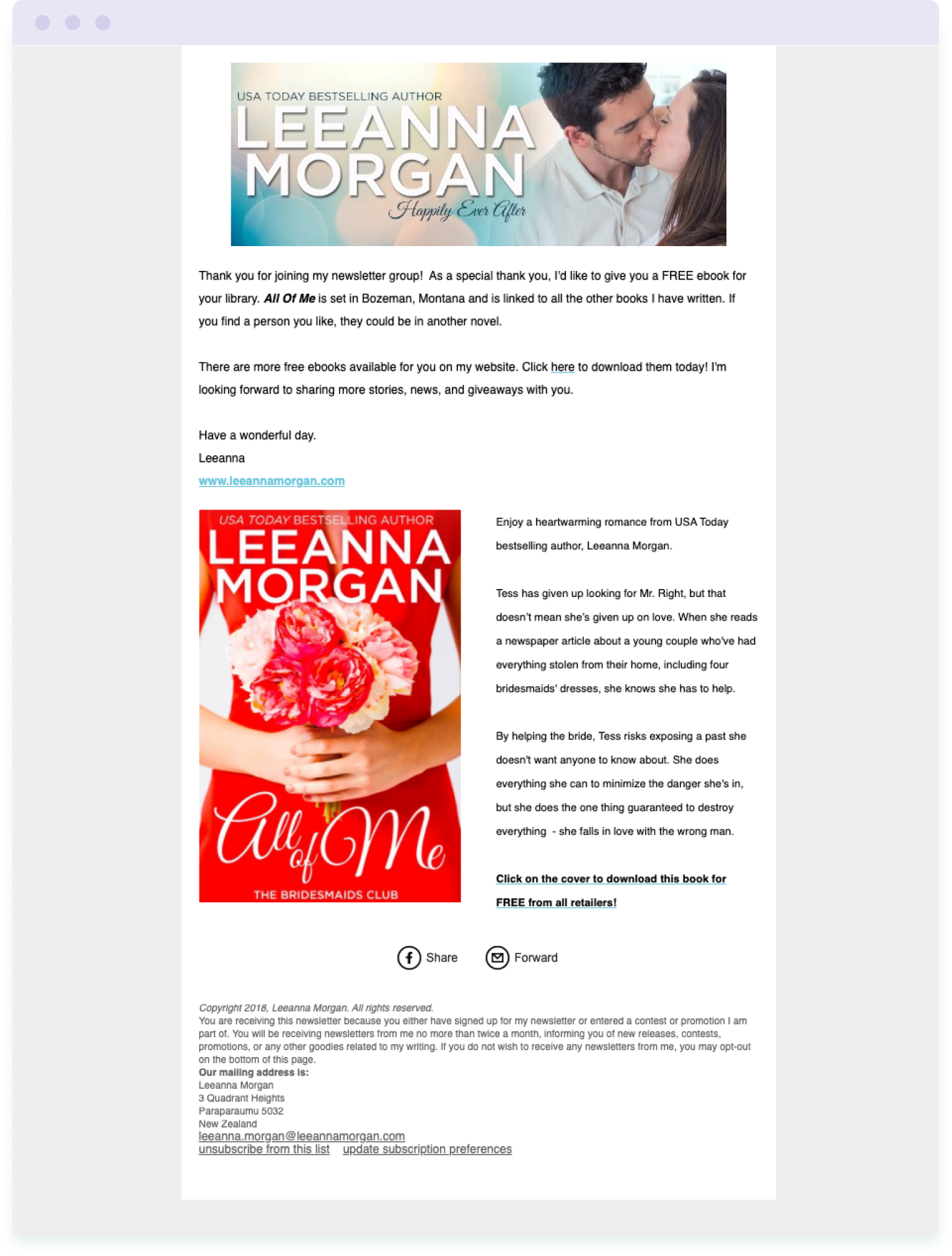 The welcome email sent to new subscribers from author Leanna Morgan – an important step in building an author's email list