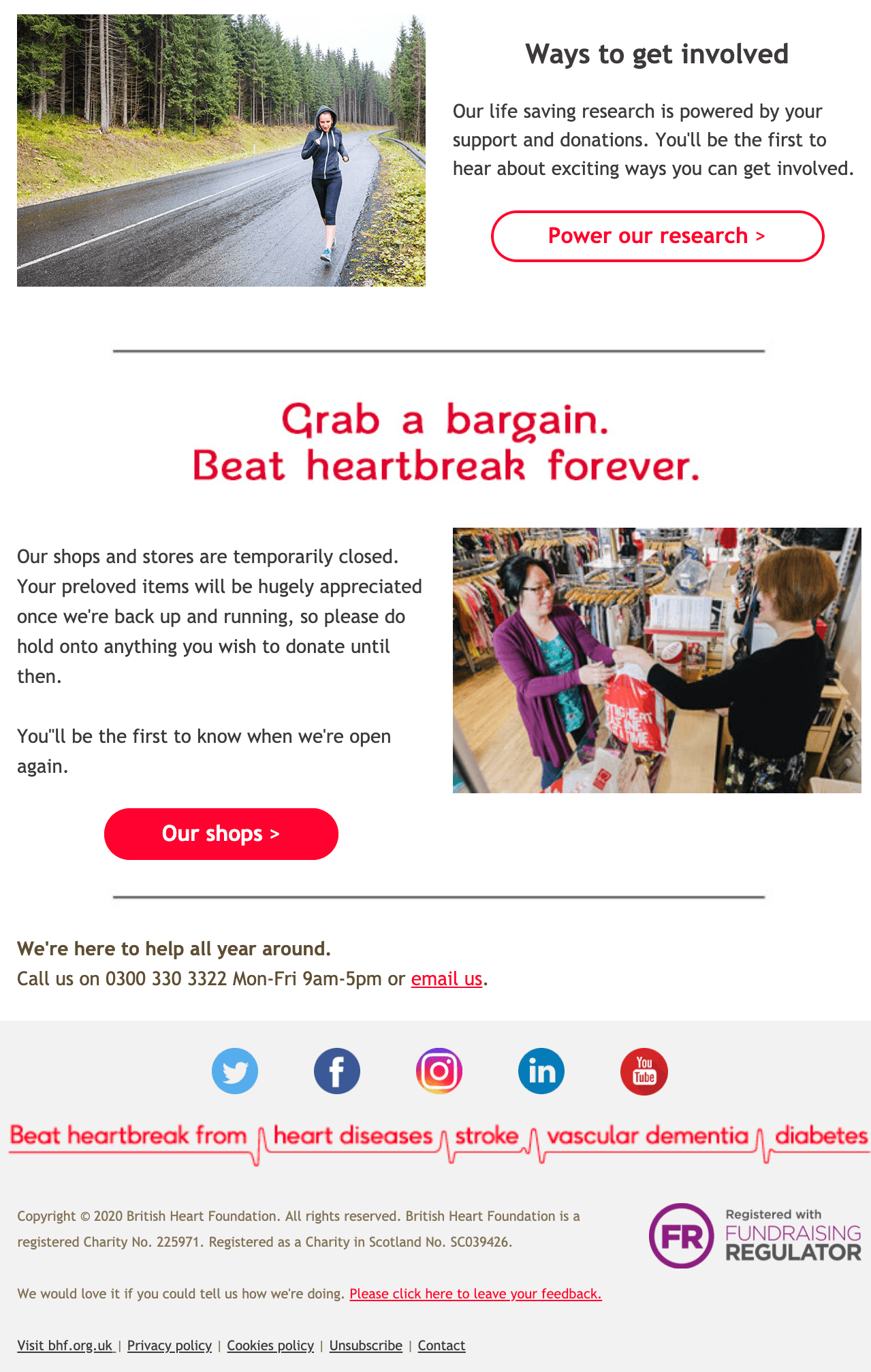 Image of the second half of the BHF's welcome email. This part provides more information on the organisation's donation stores and provides links to their social media platforms. 