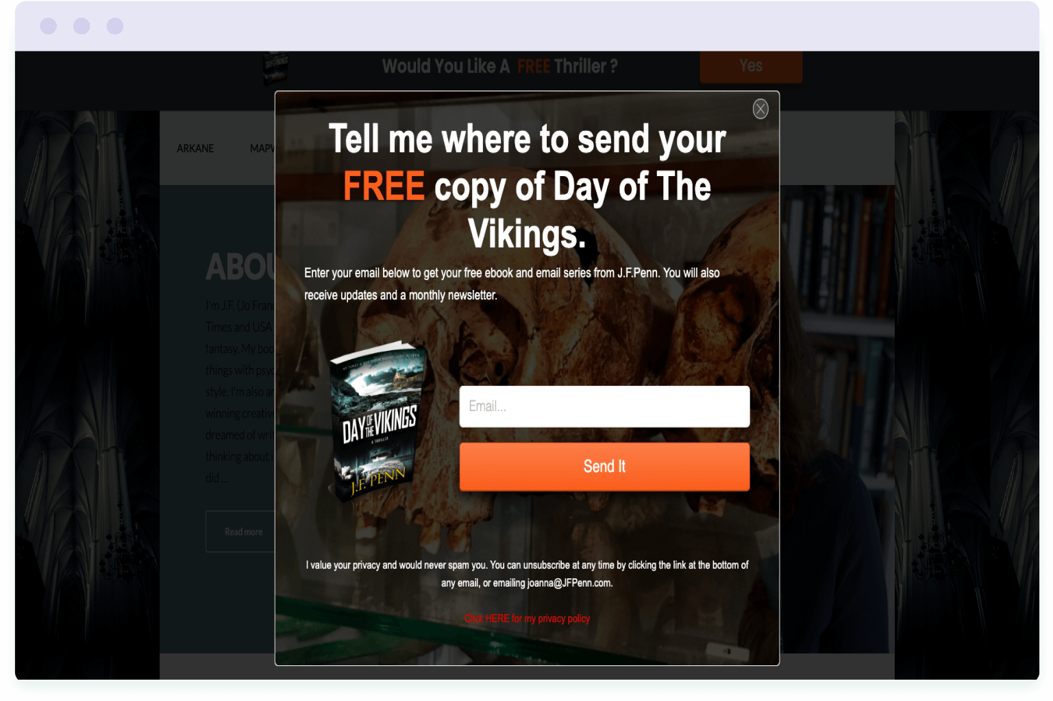 Example of a great sign-up form on author J.F. Penn's website