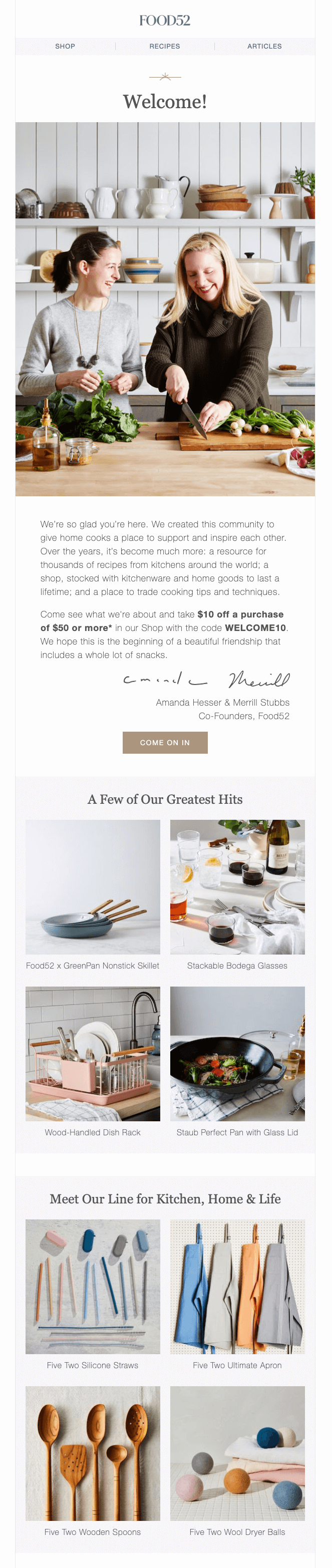 Welcome email from food blog and ecommerce website Food52