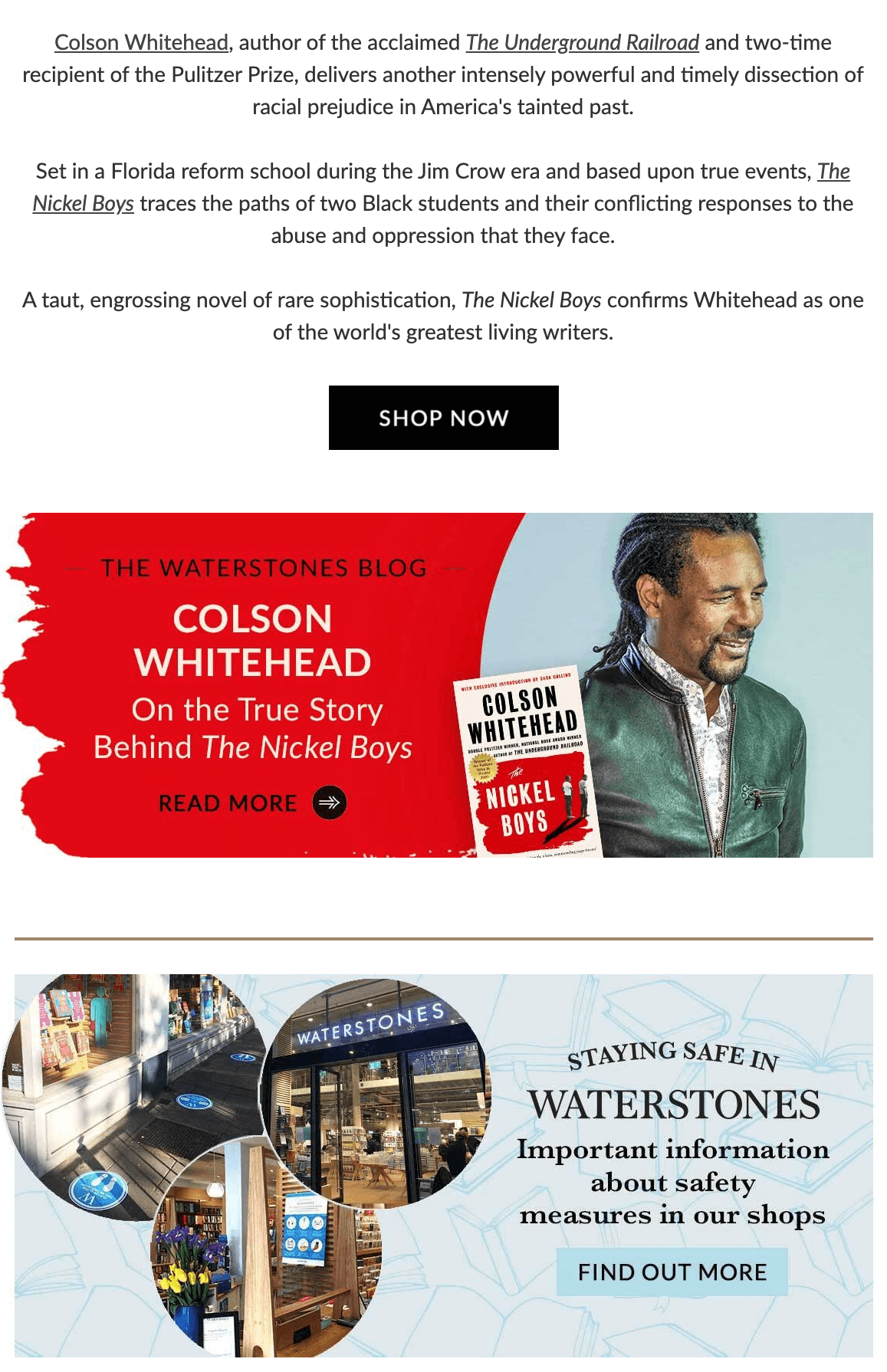 Image of an email campaign by Waterstones with links to their social media in the footer.