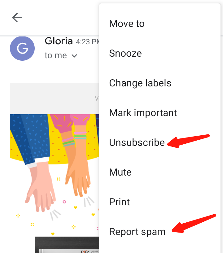 Screenshot of the options available to recipients when they receive an email – they can unsubscribe from within Gmail or report your campaign as spam