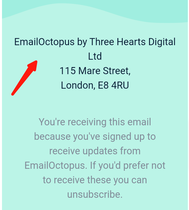 Screenshot of a physical address included in the footer of an email – this best practice is one way you can send bulk emails without spamming 