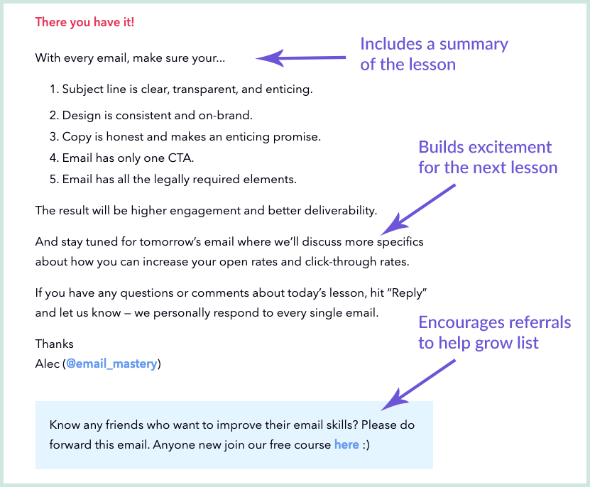 Screenshot showing how Email Mastery ends each lesson in their 7-day email course