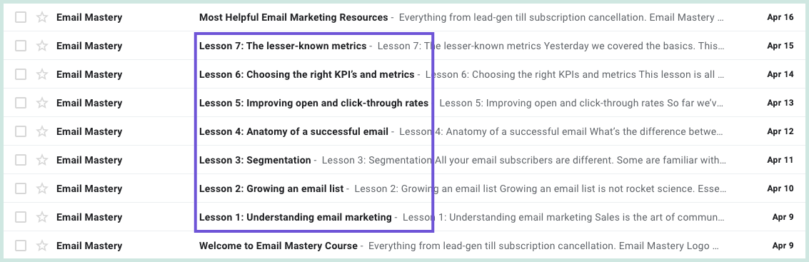 How the Email Mastery email course appears in the inbox with subject lines and sender info