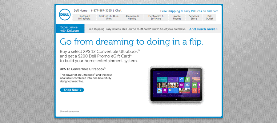 The email Dell sent to their mailing list to demonstrate how their Convertible Ultrabook works – this email marketing campaign was important in driving revenue for the tech brand