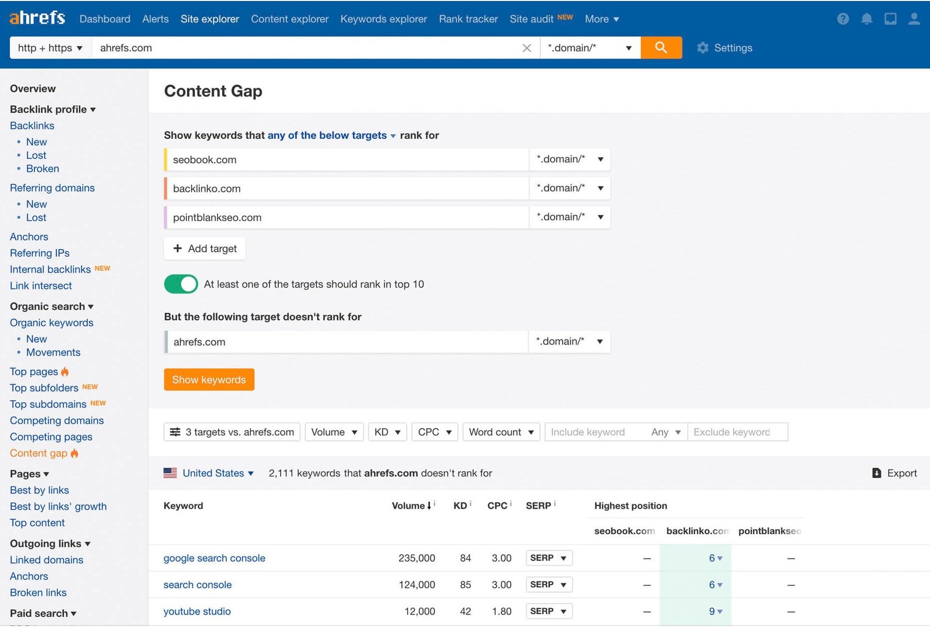 Screenshot of the Ahrefs content gap tool used to identify high intent topics you can use to optimise your lead capture strategy