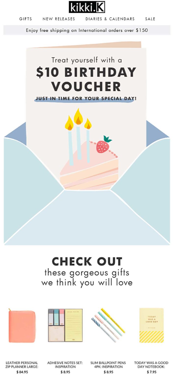 Example of a birthday email sent by stationary brand Kikki.K