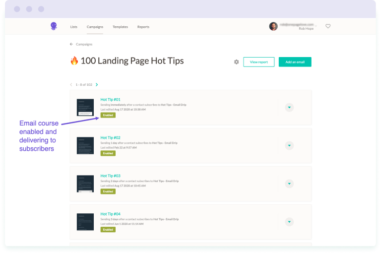 Image of the Landing Page Hot Tips email course automated workflow enabled in the EmailOctopus dashboard