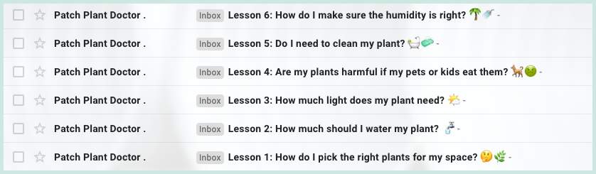 Image of the subject lines used in the Patch Plant Houseplant Parenting email course and how they appear in the inbox