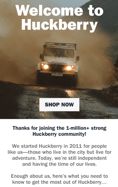 Example of a welcome email from Huckberry using social proof