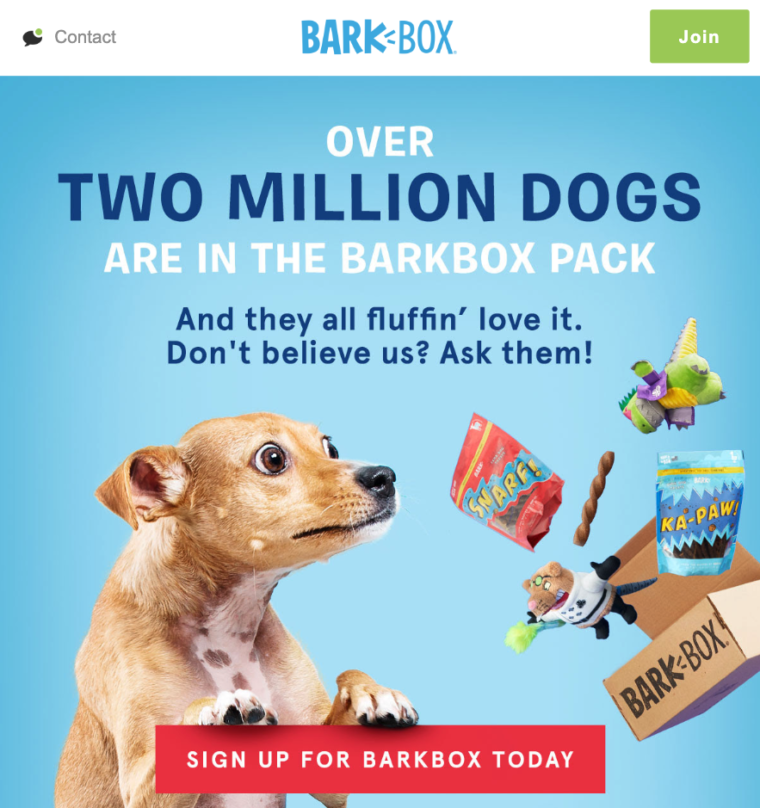 Example of pet brand Bark Box showing their authority with numbers – a form of social proof