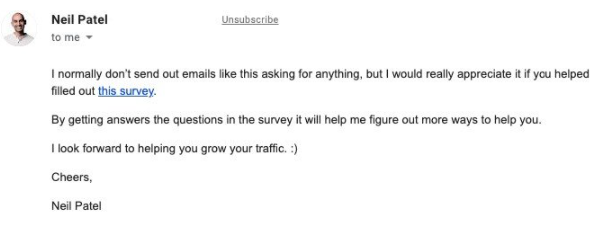 Example of a survey email sent to subscribers by blogger Neil Patel