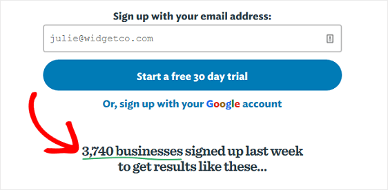 Example of social proof used in an opt-in form