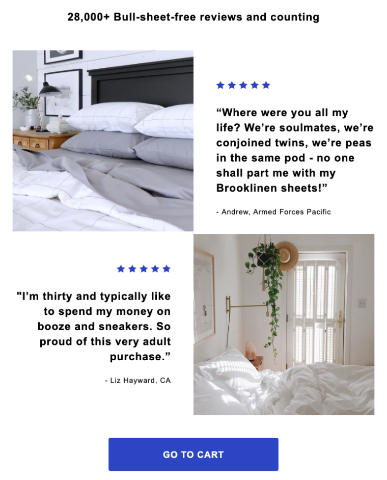 Example of customer reviews used as social proof in an email marketing campaign from Brooklinen