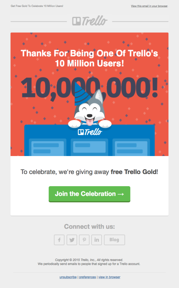 Example of a milestone email from Trello using 'wisdom of the crowd' as a form of social proof
