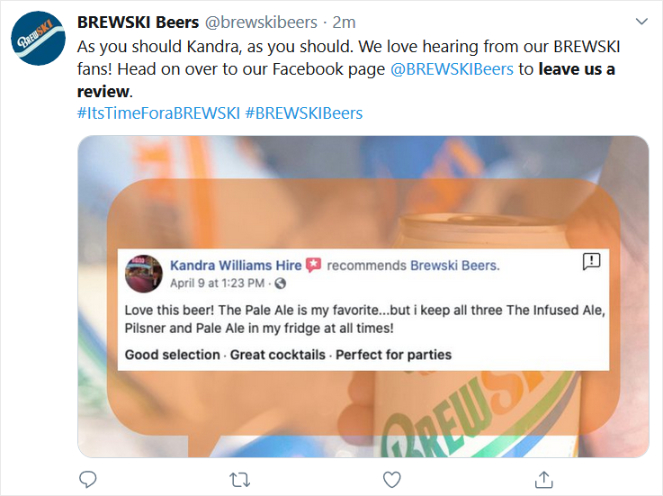 Example of beer brand Brewski asking for reviews on Twitter