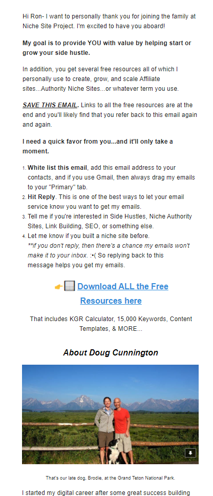 Screenshot of the NicheSiteProject blog welcome email sent to new subscribers