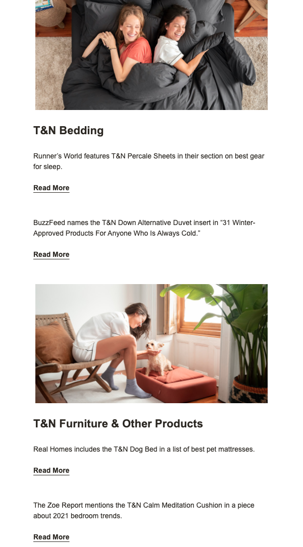 Example of an email from Tuft & Needle highlighting their awards as a form of social proof