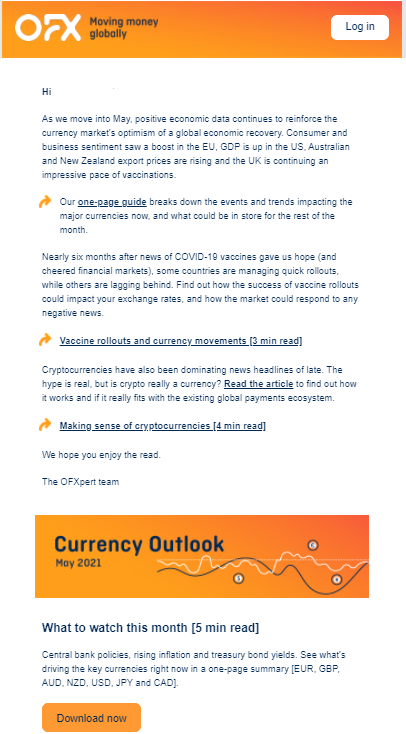 Example of a good newsletter from foreign exchange company OFX