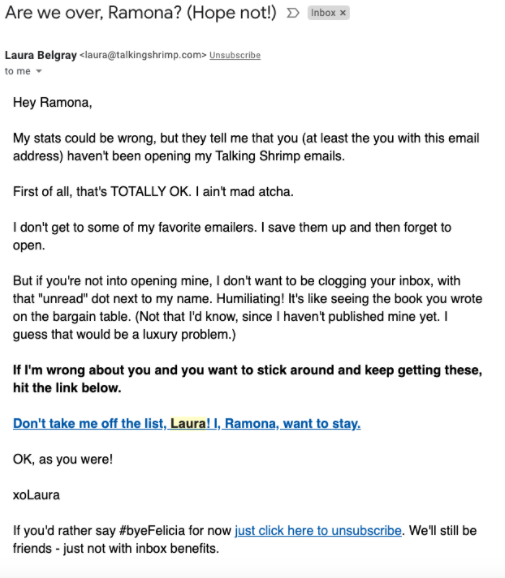 Example of a re-engagement email sent to subscribers by blogger Laura Belgray