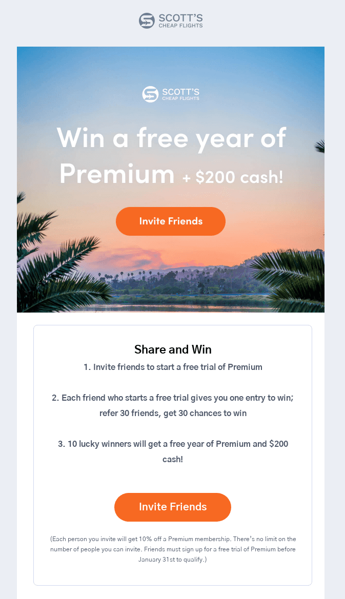 Example of a well-designed referral email from Scott's Cheap Flights