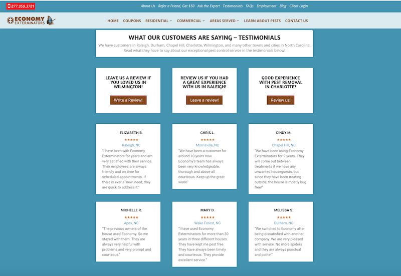 Example of a website displaying testimonials on a dedicated page – this is an effective way of providing social proof